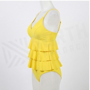 Traje de baño de una pieza amarillo para mujer, cuello en V profundo, diseño escalonado con volantes, bikini elástico, ropa de playa - Product Image 3