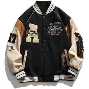 Vêtements en cuir, veste varsity noire avec logo brodé, col rond respirant, manches en polyester, streetwear unisexe, hiver - Product Image 2