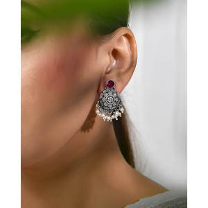 Meera Jaipur Women's 925 <b>Silver</b> AAA White <b>Pearl</b> Luxury Tribal Gulab Mandal Jhumki <b>Earrings</b> - Product Image 1