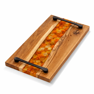 Bandeja de Madera con Incrustaciones de Resina Blanca y Negra y Asas de Metal, Bandeja de Servir de Madera de Acacia de Primera Calidad, Gran Venta - Product Image 2