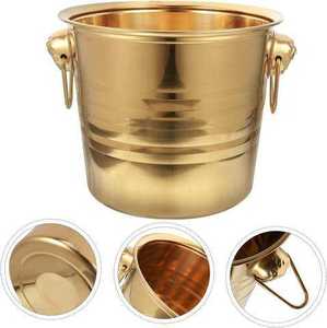 Cubo de hielo redondo de metal dorado con asas de caballito de mar, elegante enfriador para fiestas, resistente al óxido, para bebidas. - Product Image 1