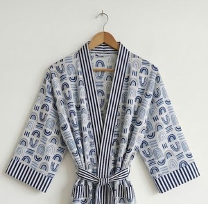 Peignoir Kimono en Coton pour Femme, Imprimé Bleu, Léger, avec Ceinture, Idéal pour Spa et Hôtel - Product Image 1