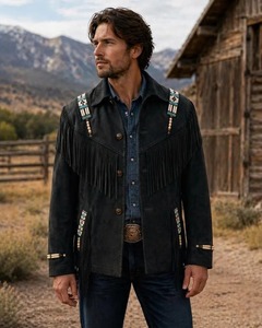 <b>Mens</b> Tan <b>Suede</b> Leather Western <b>Jacket</b> Fringe Beaded Handmade Native Style - Product Image 3