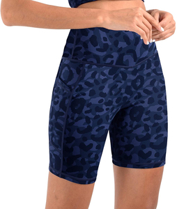 Shorts de sport en spandex tricoté à imprimé léopard taille haute avec poches, séchage rapide, taille élastique, shorts de sport pour femmes - Product Image 1