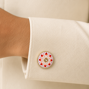 Handmade Enamel <b>Red</b> Lotus <b>Cufflinks</b> for Men Brass Round Cuff Links with Vine Motif Formal Wear Rajasthan Mayrabygungun - Product Image 3