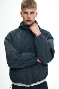 Men's Dark Blue Hooded Blouson <b>Jacket</b> With Zipper Closure Windproof Polyester Material Autumn Wear Workwear Style - Product Image 3