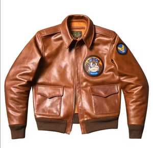 <b>Men's</b> Vintage Genuine <b>Leather</b> Slim Fit Waterproof Bomber <b>Jacket</b> Cartoon Patch Design Zipper Closure Stand Collar Autumn Wear - Product Image 1