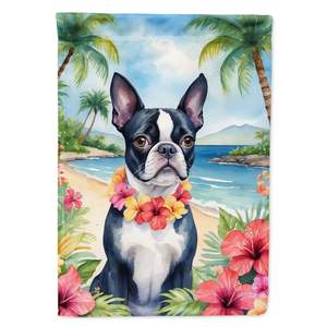 Bandera de jardín Boston Terrier Luau, Bandera de patio decorativa Multicolor, pancarta para ilustraciones de Patio para macizos de flores y decoración de buzón - Product Image 1