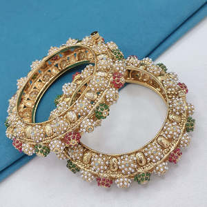Radiant Multicolor Pearl Openable Charm <b>Bangles</b> <b>Set</b>-Gold Plated Brass Floral Ethnic Style - Product Image 1
