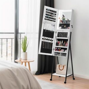 Full <b>Mirror</b> Wooden Floor Type 1 Shelf 4 Wheels White Light Strip Jewelry Storage <b>Makeup</b> Vanity <b>Mirror</b> Cabinet White - Product Image 2