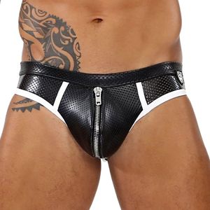 Men Black Leather Briefs With Zipper Front Low-Rise Breathable Sexy Underwear Solid Color Design - Product Image 6