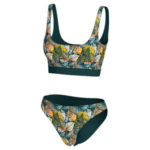 Conjunto de Bikini Floral Tropical para Mujer, Top Corto con Cuello Redondo, Braguita Hipster, Spandex, Poliéster Elástico, Estampado, Traje de Baño de Dos Piezas - Product Image 3
