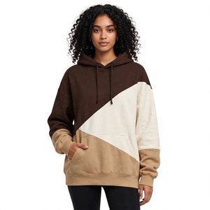 Hauts streetwear pour femmes en molleton de coton épais, pull décontracté marron beige, avec broderie color block et logo personnalisé sur le devant - Product Image 1