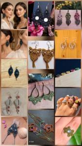 Élégantes boucles d'oreilles en macramé noir avec pierres précieuses |   Bijoux tissés style onyx blanc |   Mangalmay Corporation - Product Image 5