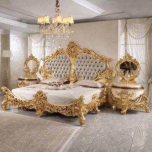 Luxury Rococo Mahogany Bedroom Furniture Set Gold Carved Upholstered Bed Wardrobe <b>Vanity</b> <b>Table</b> Villa Hotel Collection - Product Image 1