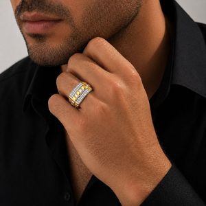 <b>Mens</b> 18KT Yellow Gold Two Tone Micro Pave Cubic Zirconia Statement <b>Ring</b> Geometric Bar Design Polished Wedding Party Gift - Product Image 5