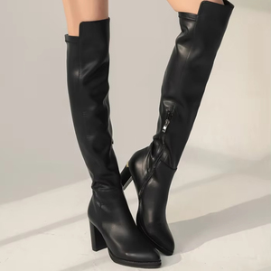 Bottes au-dessus du genou ANNSTAR pour femme, talon épais super haut 8 cm+, semelle intermédiaire en cuir véritable, tige en polyuréthane, semelle extérieure en caoutchouc, bout pointu - Product Image 1