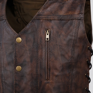 Custom Men's Distressed Genuine Cowhide Leather Motorcycle <b>Vest</b> Vintage <b>Brown</b> V Neck Biker Club Riding <b>Vest</b> Side Lace OEM - Product Image 5
