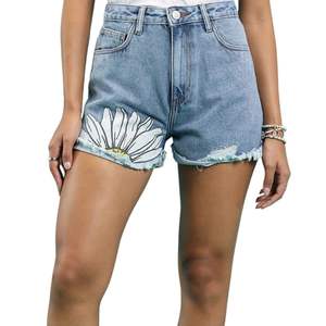 Floral Embroidered Denim Shorts High Waisted Sunflower Print <b>Jean</b> Bottoms <b>Ladies</b> Trendy Summer Outfit - Product Image 1