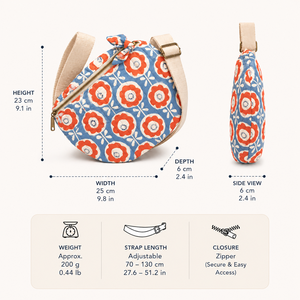 Cute Cotton Block Printed Cross Body Bags in Blue & <b>Orange</b> Flowers for Wholesale rates Fanny Pack/Sling Bags Adjustable Straps - Product Image 2