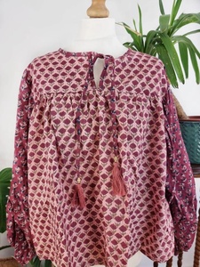 Blouse courte bohème en pur coton, imprimé floral terreux, style indien Bagru, pour femme, à porter au quotidien. - Product Image 6