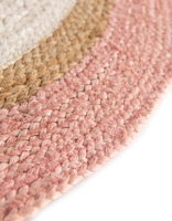 Tapis rond artisanal en jute naturelle avec bordure rose et blanche, tapis écologique de style bohème et farmhouse