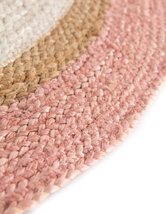Tapis rond artisanal en jute naturelle avec bordure rose et blanche, tapis écologique de style bohème et farmhouse - Product Image 3