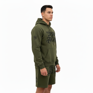 Custom Men's GREEN Vintage Washed Breathable Winter Patch Zip Hoodie Shorts <b>Set</b> Heavyweight Cotton Streetwear OEM Private Label - Product Image 5