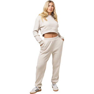 Conjunto de Top Corto Informal con Capucha para Mujer, Sudadera Holgada y Pantalones con Lavado Ácido, Color Marfil, 100% Algodón Felpa - Product Image 1