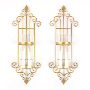 Juego de 2 Portavelas de Pared de Metal Dorado, Faroles Decorativos de Pared con Cilindros de Vidrio Transparente, Decoración de Pared - Product Image 1