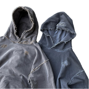 Men's <b>Vintage</b> Washed 100% Cotton Print Autumn Knitted <b>Oversized</b> Hoodie Raw Edge Distressed Pullover <b>Sweatshirt</b> - Product Image 4