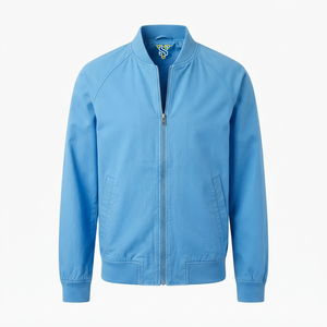 Veste en coton bleu clair pour homme, couleur unie, fermeture éclair, col montant, style décontracté, vêtement d'hiver, logo frontal, doublure polaire - Product Image 1