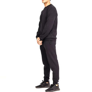 Survêtement en coton uni pour homme, col rond, manches longues, coupe classique, vêtements décontractés d'automne avec poches latérales, cordon de serrage à la taille - Product Image 3