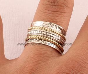 Bague rotative vintage en argent 925, ornée de points, fabriquée à la main, pour la méditation, anti-stress, bijou de manipulation, bande texturée, sertie de pierres - Product Image 2