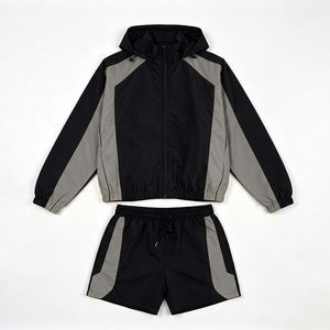 Men's Contrast Panel Windbreaker Jacket and Shorts Set Lightweight Hooded Training Activewear - Product Image 3