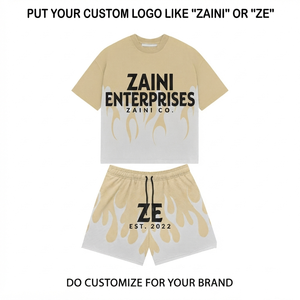 280 GSM Premium Cotton Blend Beige White <b>Flame</b> Print T <b>Shirt</b> Shorts Set Custom Logo Screen Print Private Label - Product Image 1