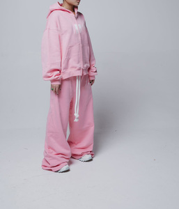 Men's Pink Hooded Sweatshirt <b>Set</b> Casual Oversized Two-Piece Tracksuit Solid Color French Terry Autumn Wear - Product Image 5