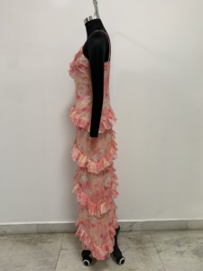 Pink Floral <b>Chiffon</b> <b>Maxi</b> <b>Dress</b> Ruffled Tiered Spaghetti Strap A-Line Summer Party <b>Dress</b> - Product Image 3