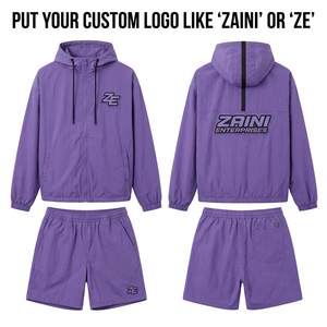 Mens 105 GSM Ripstop Polyester Windbreaker Short <b>Set</b> Purple Hooded Custom Embroidered Heat Transfer Logo Lightweight - Product Image 1