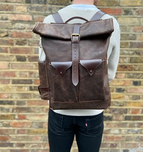 Refined Leather Roll Top Backpack Genuine Cowhide Travel Rucksack Mens Laptop <b>Bag</b> Minimalist Office <b>Pack</b> LTBP-0143 - Product Image 1