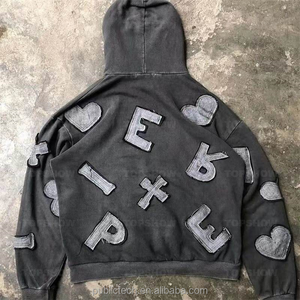 Sudadera con capucha para hombre, 100% algodón, de peso pesado, de lujo, con parche bordado y diseño estampado, estilo desgastado, con bordado desgastado. - Product Image 3