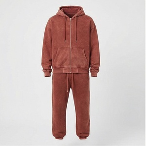 Stacked Acid Wash Cotton <b>Tracksuits</b> Puff Printing Logo Zipper Hoodie And Flared Trouser Track Suit For Men Sportwear - Product Image 1