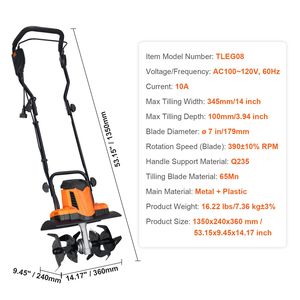 Motozappa Elettrica con Cavo da 10 Ampere, Larghezza di Lavorazione 14 Pollici, Profondità 3,94 Pollici, Denti in Acciaio Mn, Struttura di Controllo 3-in-1 - Product Image 6