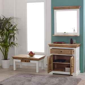 Armoire de chevet en bois de manguier de style scandinave, faite à la main, écologique, avec tiroir et double porte, finition rustique blanchie, moderne - Product Image 5