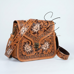 Western Genuine Leather Floral Tooled Crossbody <b>Bag</b> Cowgirl Handbag Tooled Handle Women OEM Custom Leather <b>Bag</b> - Product Image 1