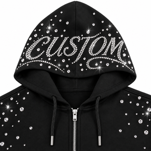 Custom 3D Rhinestone Front Logo Hoodie Jogger Set Men Black Zip-Up Sweatshirt Full-Length Sweatpants Streetwear Polyester/Cotton - Product Image 4