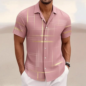 Camisa de hombre con estampado geométrico a cuadros, informal, a la moda, para vacaciones al aire libre, estilo urbano, camisa de manga corta con estampado 3D - Product Image 1