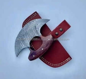 Best Quality Drop Sipping Handmade Damascus Steel & <b>Wood</b> Pizza Cutter <b>Axe</b> Head with Leather Sheath - Product Image 2