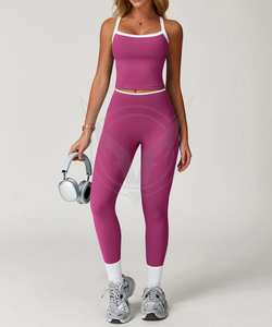 Trending OEM Solid <b>Cross</b> Bra Cutout High Waist Yoga Leggings 2-Piece Set Breathable Quick Dry Eco-Friendly Seamless Lightweight - Product Image 2