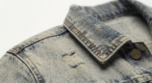 Veste coupe-vent en denim délavé bleu clair vintage, patchwork vieilli, sur mesure pour hommes, vente en gros OEM - Product Image 4